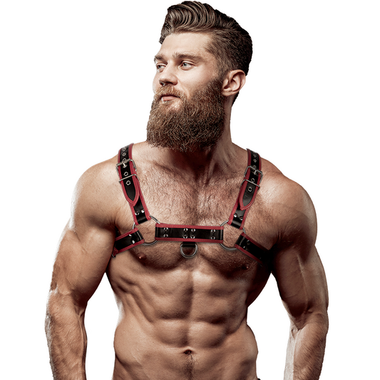 FETISH SUBMISSIVE ATTITUDE - ARNÊS DE PEITORAL DE COURO ECOLÓGICO MASCULINO PRETO/VERMELHO