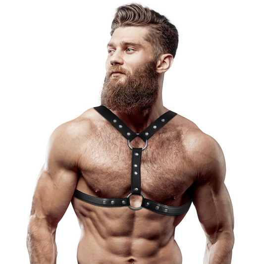 FETISH SUBMISSIVE ATTITUDE - ARNÊS DE PEITO DE COURO ECOLÓGICO COM SUPORTE DUPLO E TACHAS PARA HOMENS