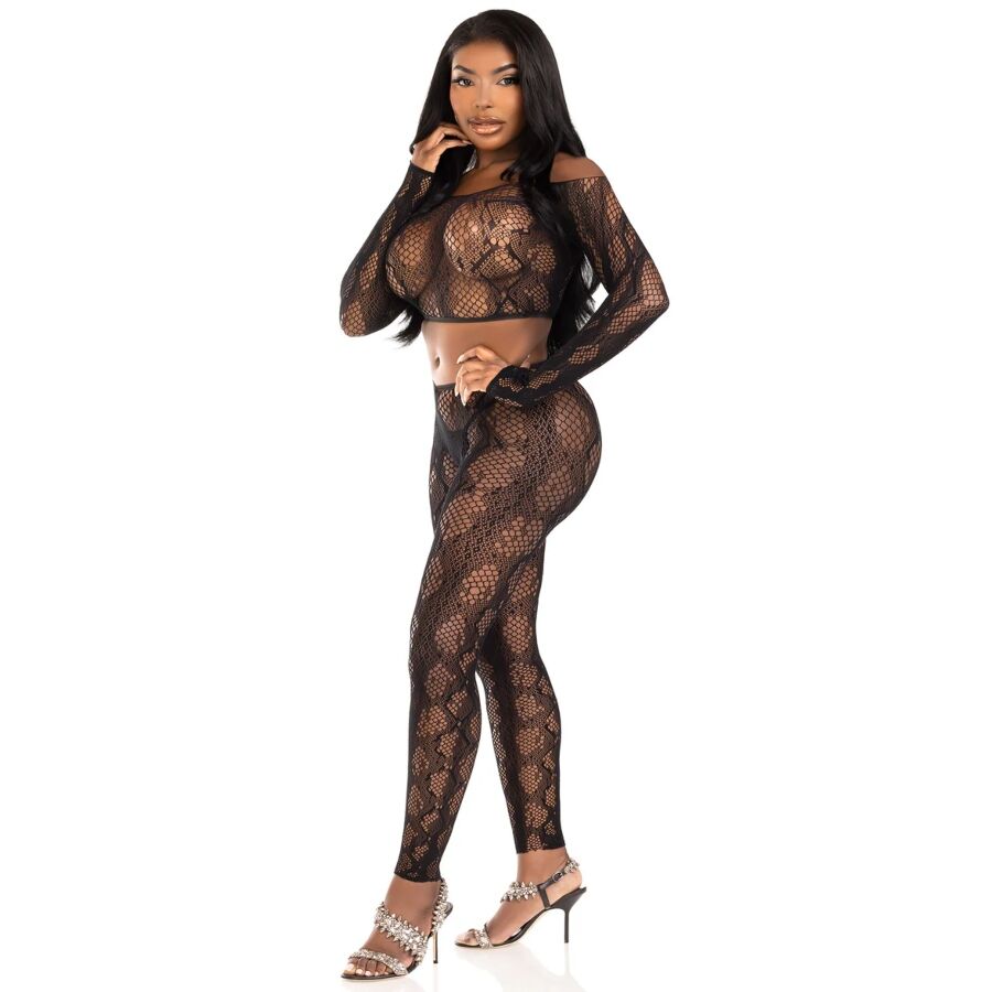 LEG AVENUE - 89373 TOP CROPPED COM ESTAMPA DE PYTHON E MEIA-CALÇA SEM PÉ PRETA - TAMANHO ÚNICO